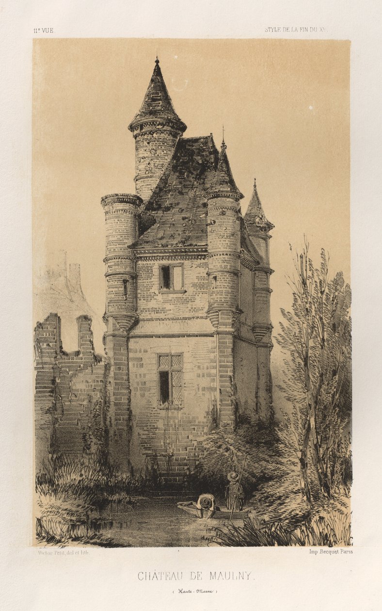 Arquitetura pitoresca ou monumentos do século XV. E XVI. Séculos: Chateaux De France dos séculos XV e XVI: Pl.11, Chateau De Maulny (Haute-Marne) de Victor Petit