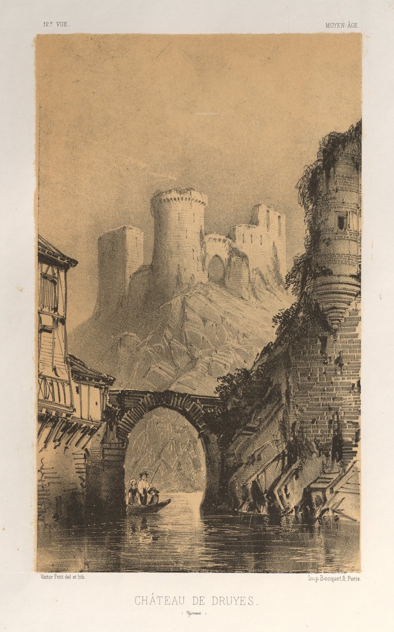 Arquitetura pitoresca ou monumentos do século XV. E XVI. Séculos: Chateaux De France dos séculos XV e XVI: Pl. 12, Chateau De Druyes (Yonne) de Victor Petit