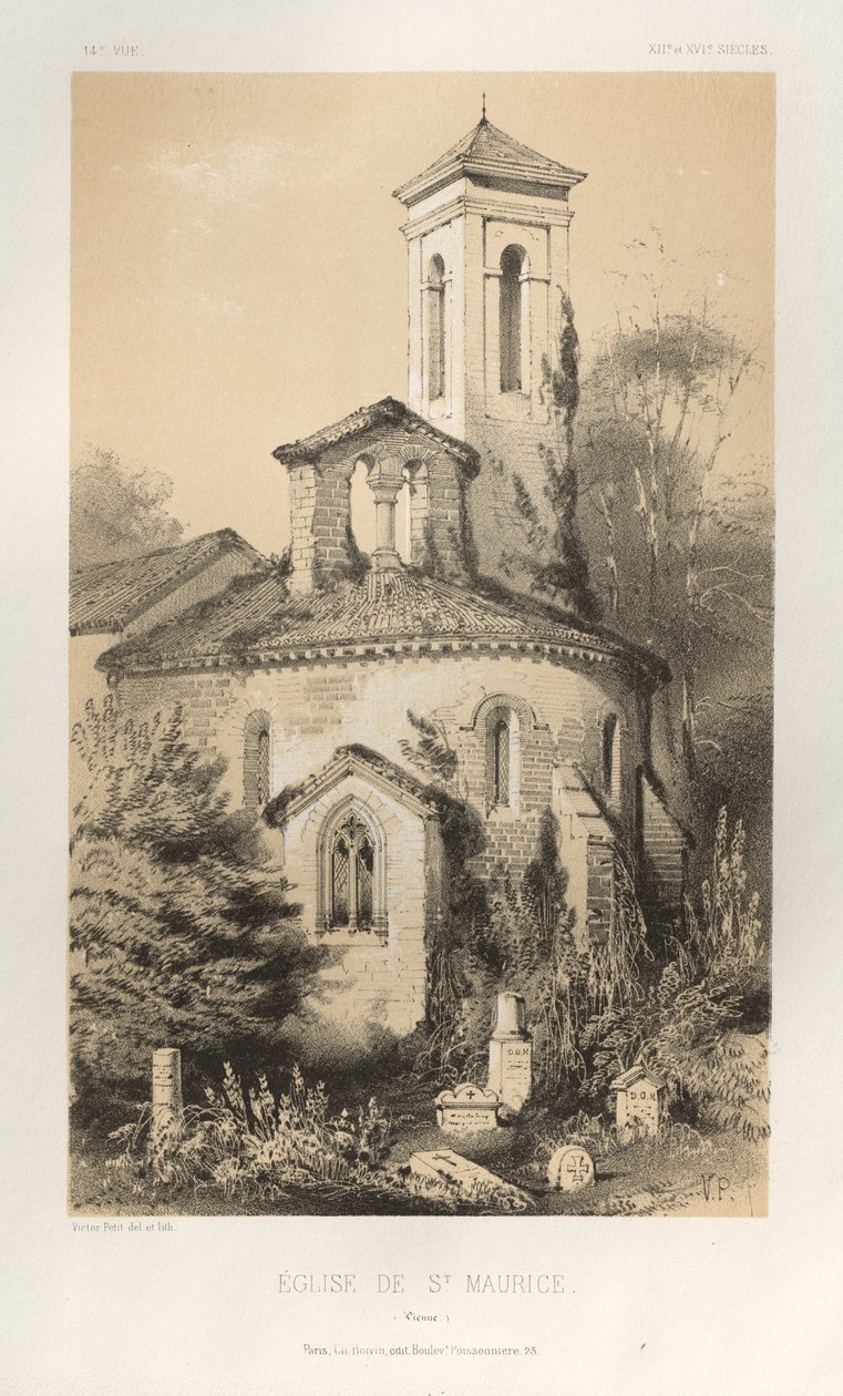 Arquitetura pitoresca ou monumentos do século XV. E XVI. Séculos: Chateaux De France dos séculos XV e XVI: Pl.14, Igreja de St. Maurice (Vienne) de Victor Petit