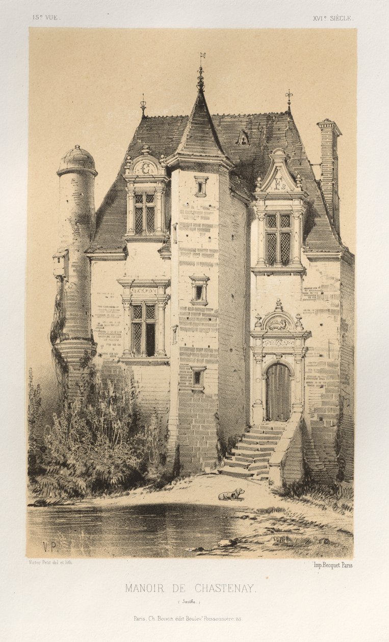 Arquitetura pitoresca ou monumentos do século XV. E XVI. Séculos: Chateaux De France dos séculos XV e XVI: Pl.15, Manoir De Chastenay (Sarthe) de Victor Petit