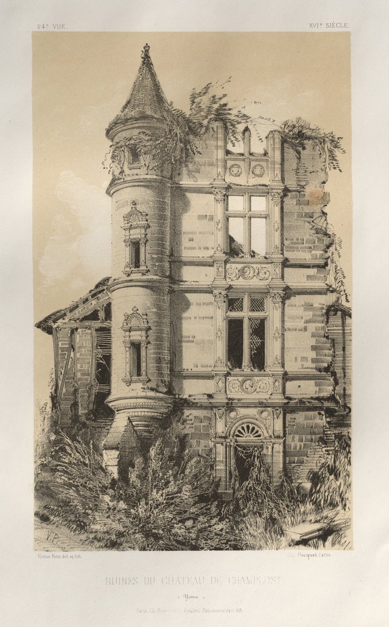 Arquitetura pitoresca ou monumentos do século XV. E XVI. Séculos: Chateaux Of France Dos séculos XV e XVI: Pl. 24, Ruins Of Chateau De Champlost (Yonne) de Victor Petit