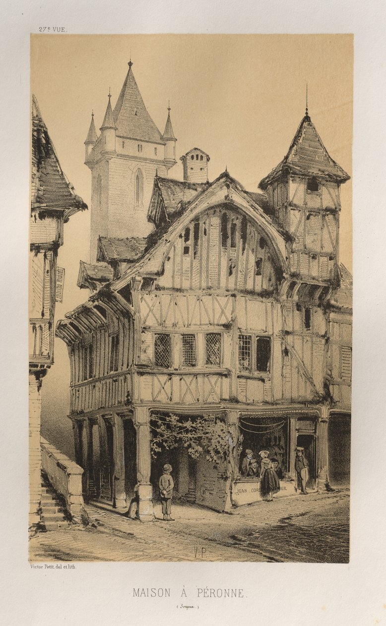 Arquitetura pitoresca ou monumentos do século XV. E XVI. Séculos: Chateaux De France dos séculos XV e XVI: Pl. 27, Casa A Peronne (Somme) de Victor Petit