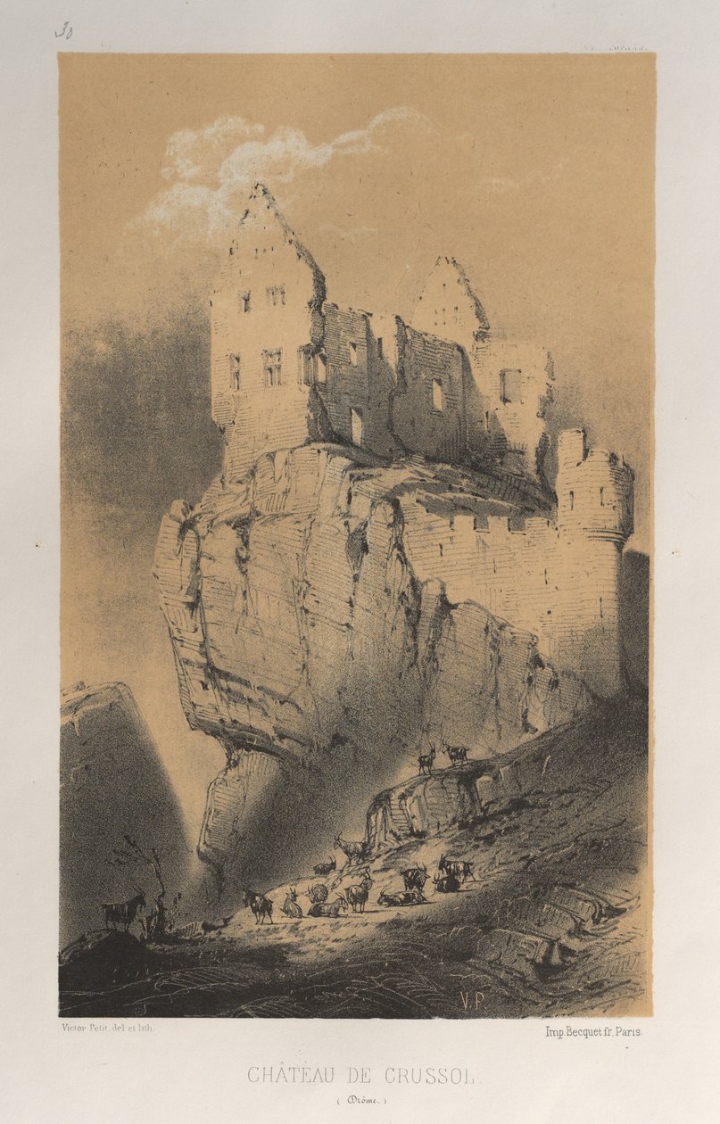 Arquitetura pitoresca ou monumentos do século XV. E XVI. Séculos: Chateaux De France dos séculos XV e XVI: Pl. 30, Chateau De Crussol (Drôme) de Victor Petit