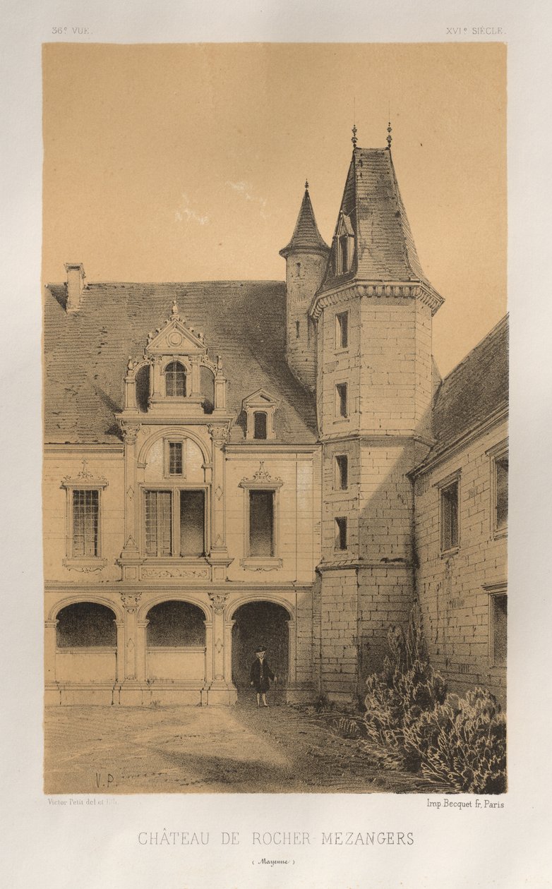 Arquitetura pitoresca ou monumentos do século XV. E XVI. Séculos: Chateaux De France dos séculos XV e XVI: Pl. 36, Château De Rocher Mezangers (Mayenne) de Victor Petit