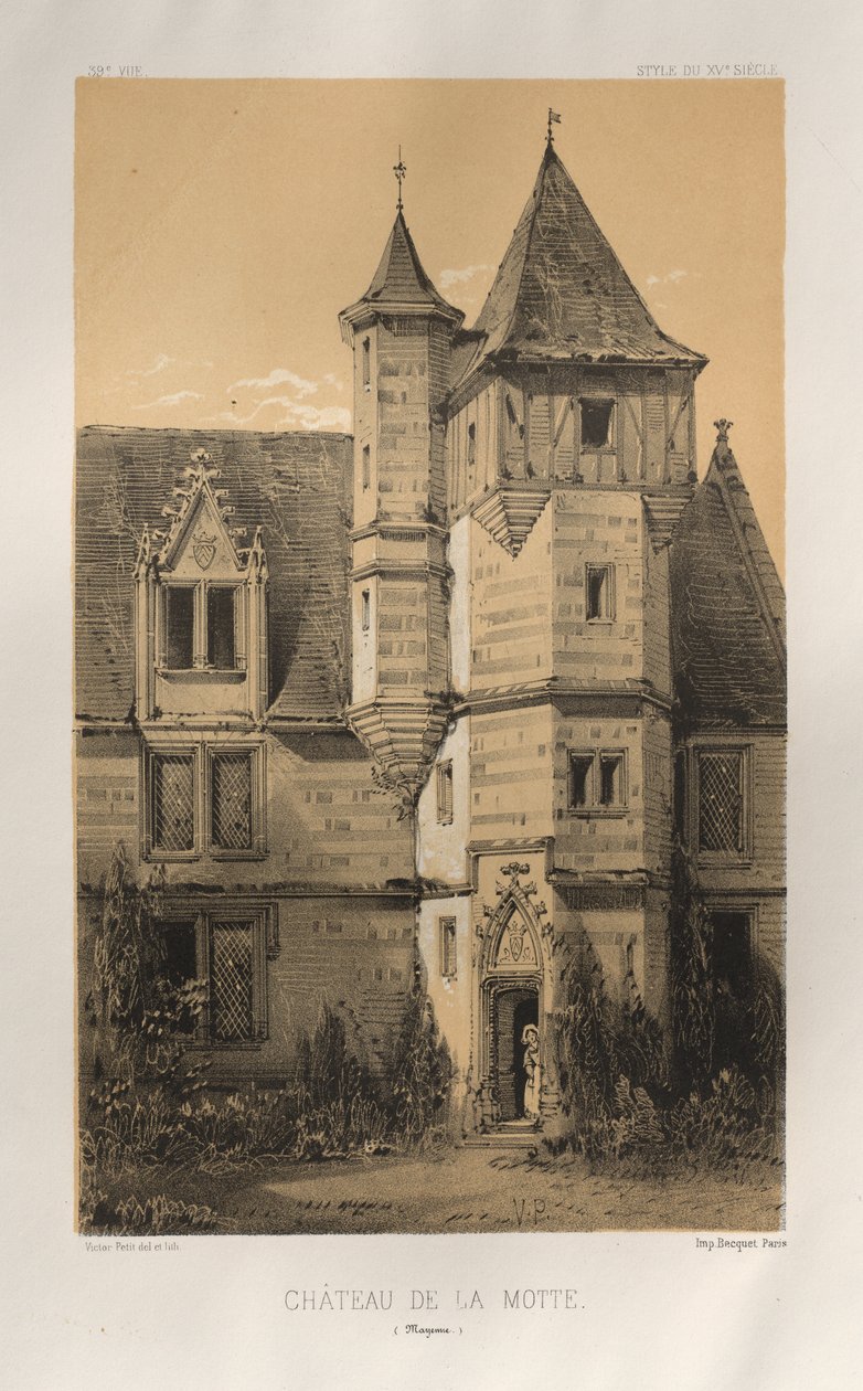 Arquitetura pitoresca ou monumentos do século XV. E XVI. Séculos: Chateaux De France dos séculos XV e XVI: Pl. 39, Château De La Motte (Mayenne) de Victor Petit