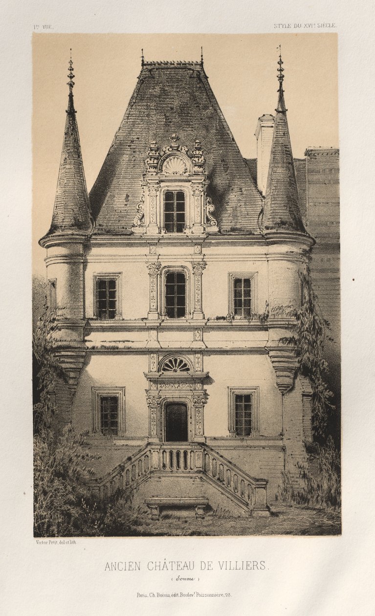 Arquitetura pitoresca ou monumentos do século XV. E XVI. Séculos: Chateaux De France dos séculos XV e XVI: Pl. 1, Antigo Chateau de Villiers (Somme) de Victor Petit