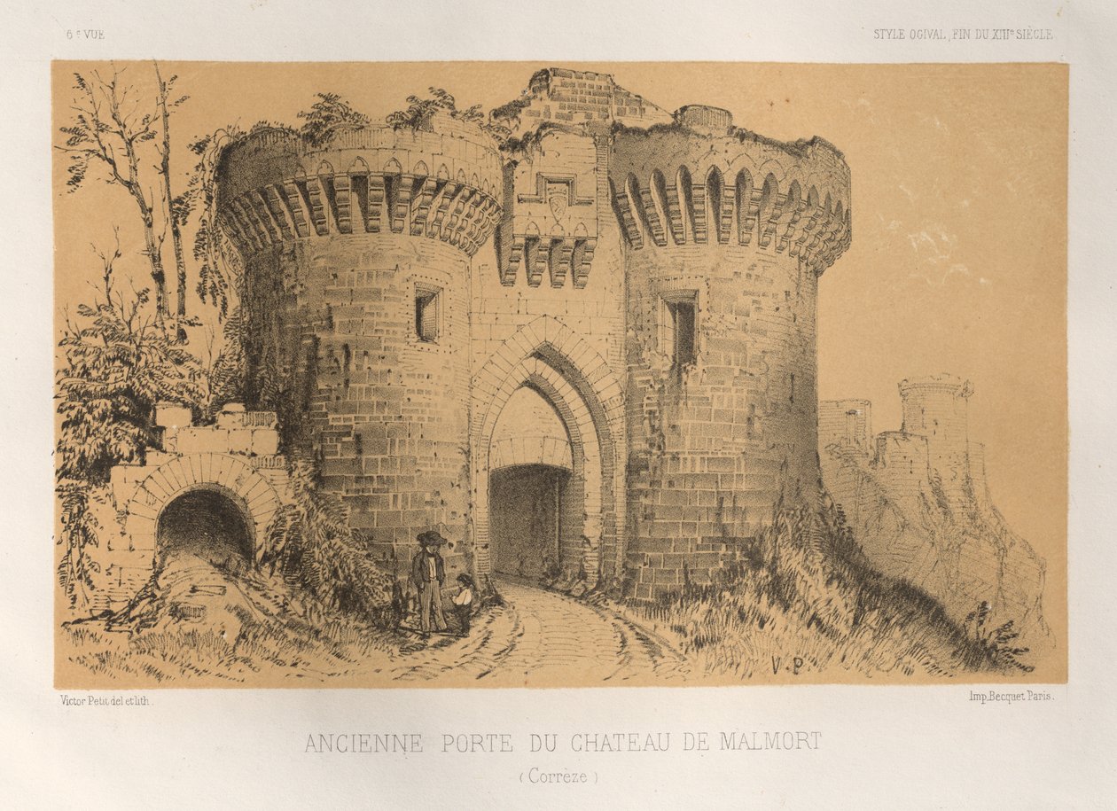 Arquitetura pitoresca ou monumentos do século XV. E XVI. Séculos: Castelos da França dos séculos XV e XVI: Pl.6, Antigo Portão do Chateau De Malmort (Correze) de Victor Petit