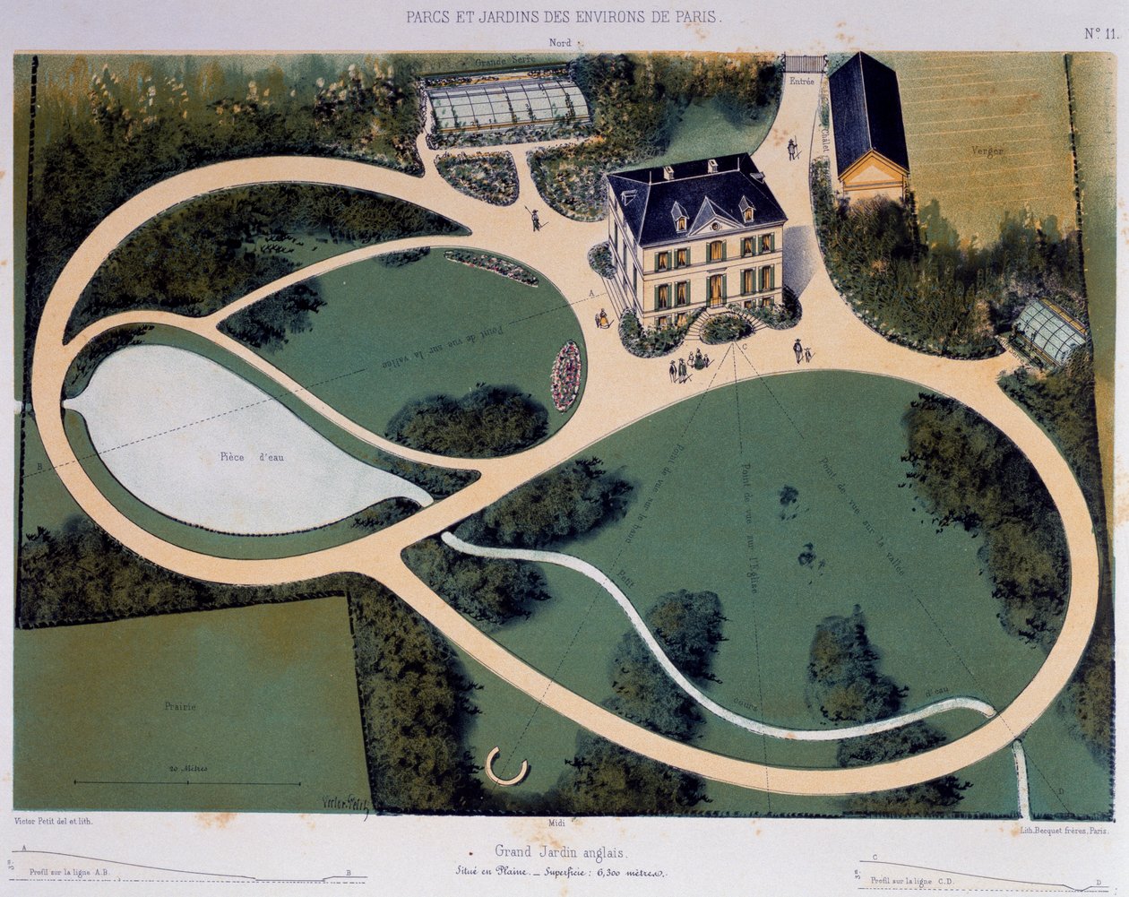 Grande jardim inglês de 6300 metros quadrados, Ilustração tirada de Parcs et Jardins des environs de Paris (Parques e Jardins ao redor de Paris), Ca 1850, Litografia de Victor Petit (1818-1871), França de Victor Petit