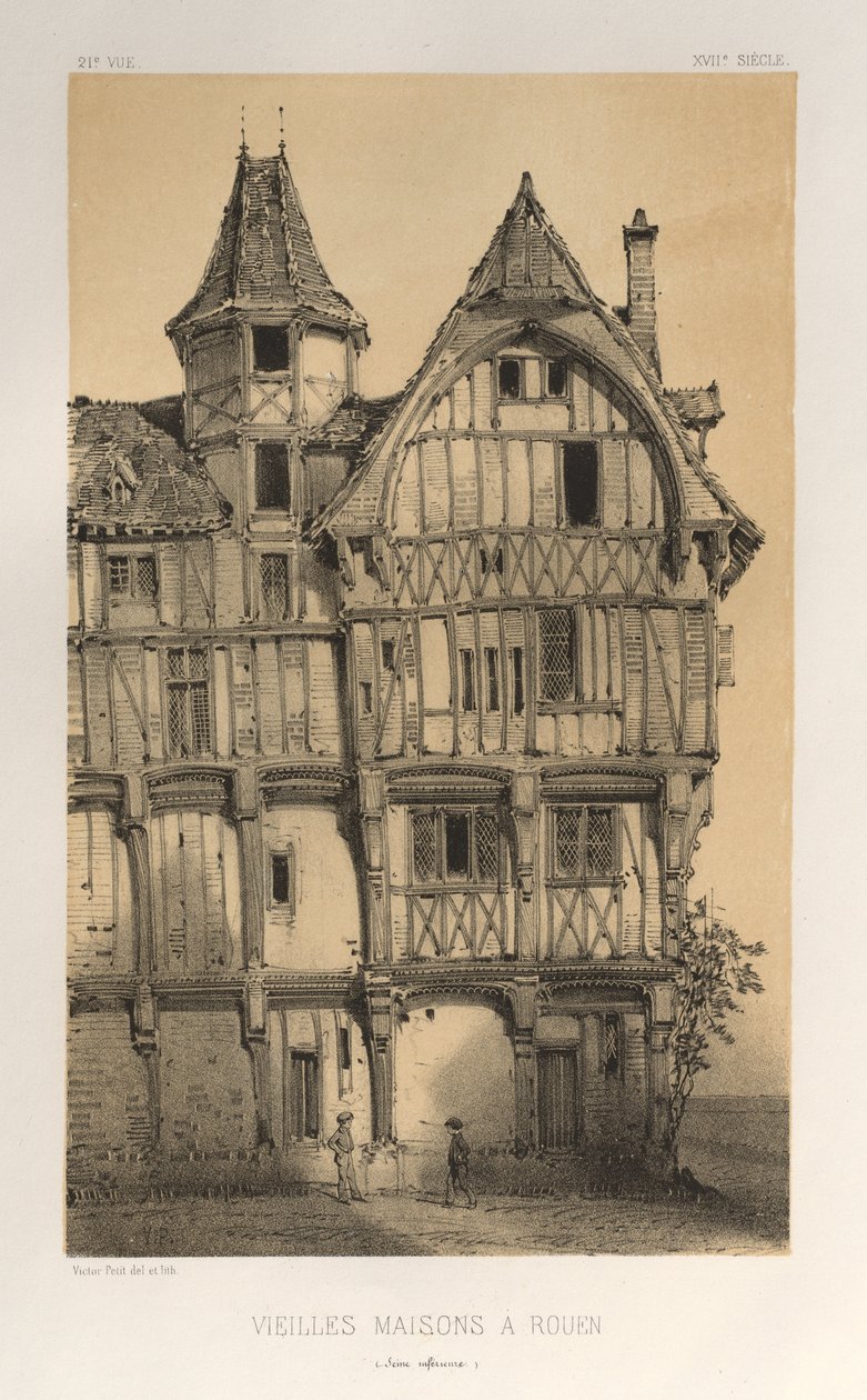 ... Pl. 21, Vielles Maisons A Rouen Seine-Inferieure, publicado em 1860. de Victor Petit