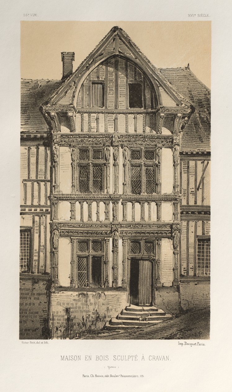 ... Pl. 25, Maison En Bois Sculpte A Cravan Yonne, publicado em 1860. de Victor Petit
