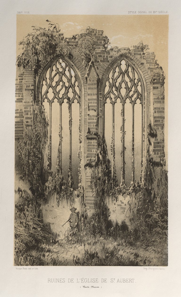 ... Pl. 38, ruínas da igreja de St. Aubert Haute-Marne, 1860. de Victor Petit