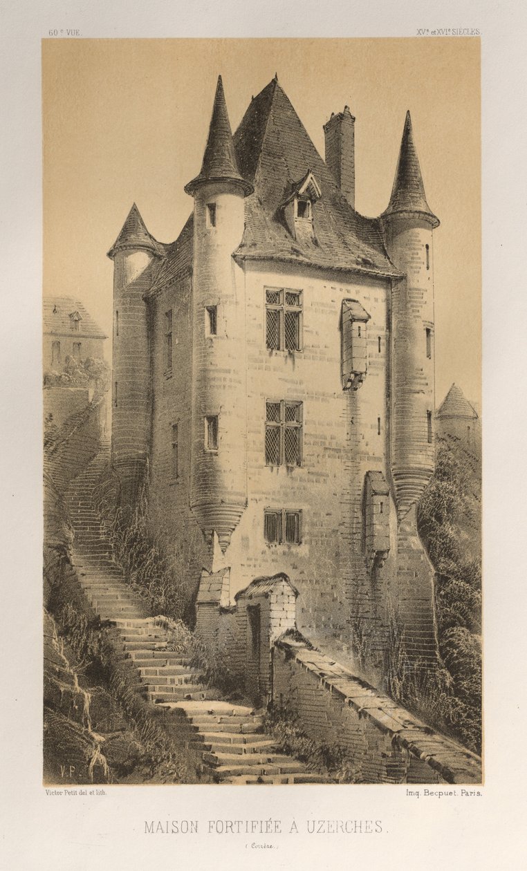 ... Pl. 60, Casa Fortificada em Uzerches Corrère, 1860. de Victor Petit