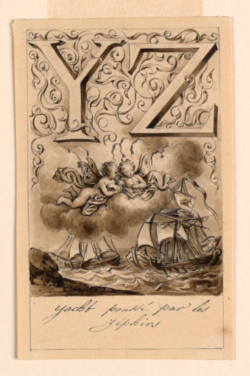 Design para as letras Y e Z de uma cartilha: Yacht/ Zéphir (Yachts conduzidos por Zephyrs) de Victor Vincent Adam