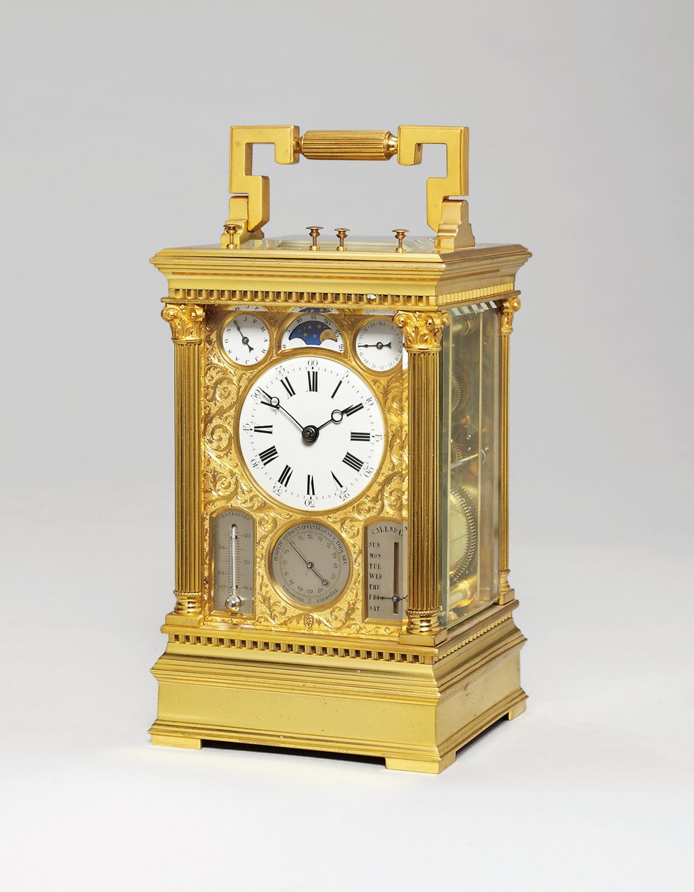 Relógio de carruagem de oito dias com grande sonnerie de latão francês com calendário completo, fases da lua, barômetro e termômetro, c.1880 de Victorien Boseet