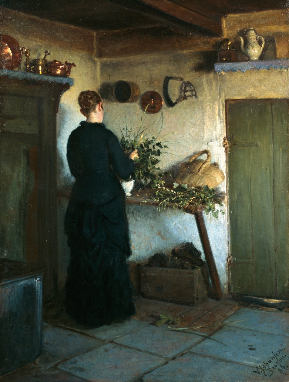 A esposa de artistas organizando flores de Viggo Johansen