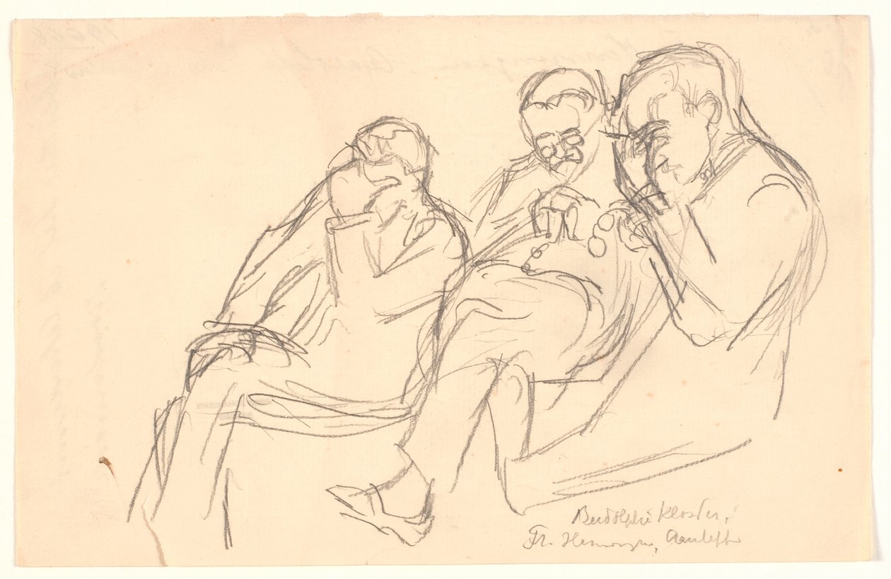 Esboço da figura. Três homens sentados: Pe. Henningsen, Aarsleff e P. Johansen de Viggo Johansen
