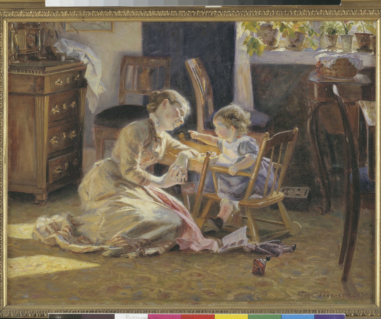 Luz do sol na sala de estar. A esposa e o filho do artista de Viggo Pedersen