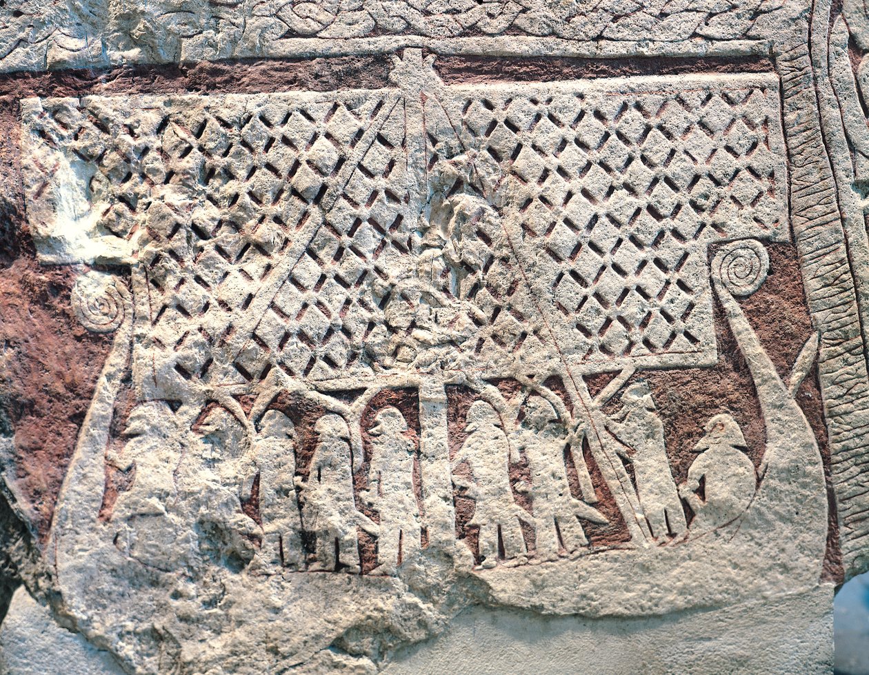 Detalhe de uma pedra de imagem representando um navio Viking, da pedra da ilha de Gotland de Viking
