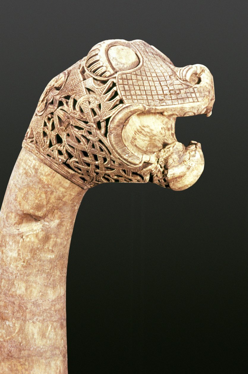 Figura de proa de um Viking Longship, encontrado em Oseberg, Noruega (madeira) de Viking