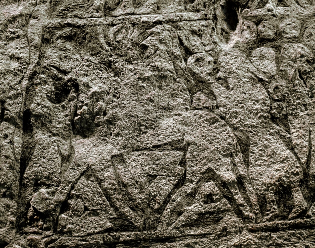 Os mortos montando o cavalo de Odin, detalhe de uma pedra funerária viking, século 7-8 d.C. de Viking