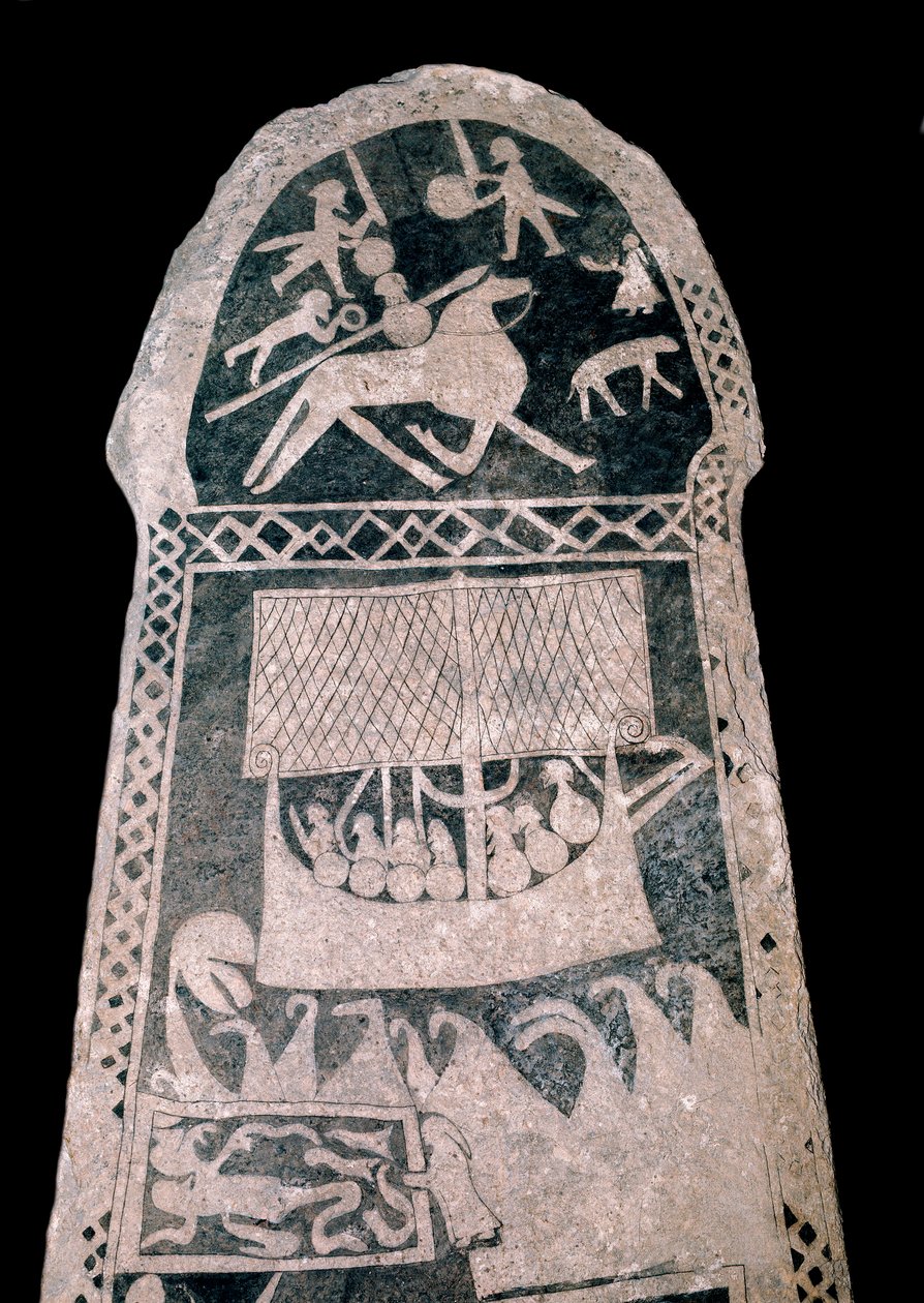 Viking: Pedra rúnica de Gotland (Suécia) representando um viking sailing drakkar, século 8 - Musee regional de Visby, Suécia - Runestone representando um Viking longship, século 8 - museu regional de Visby, Suécia de Viking