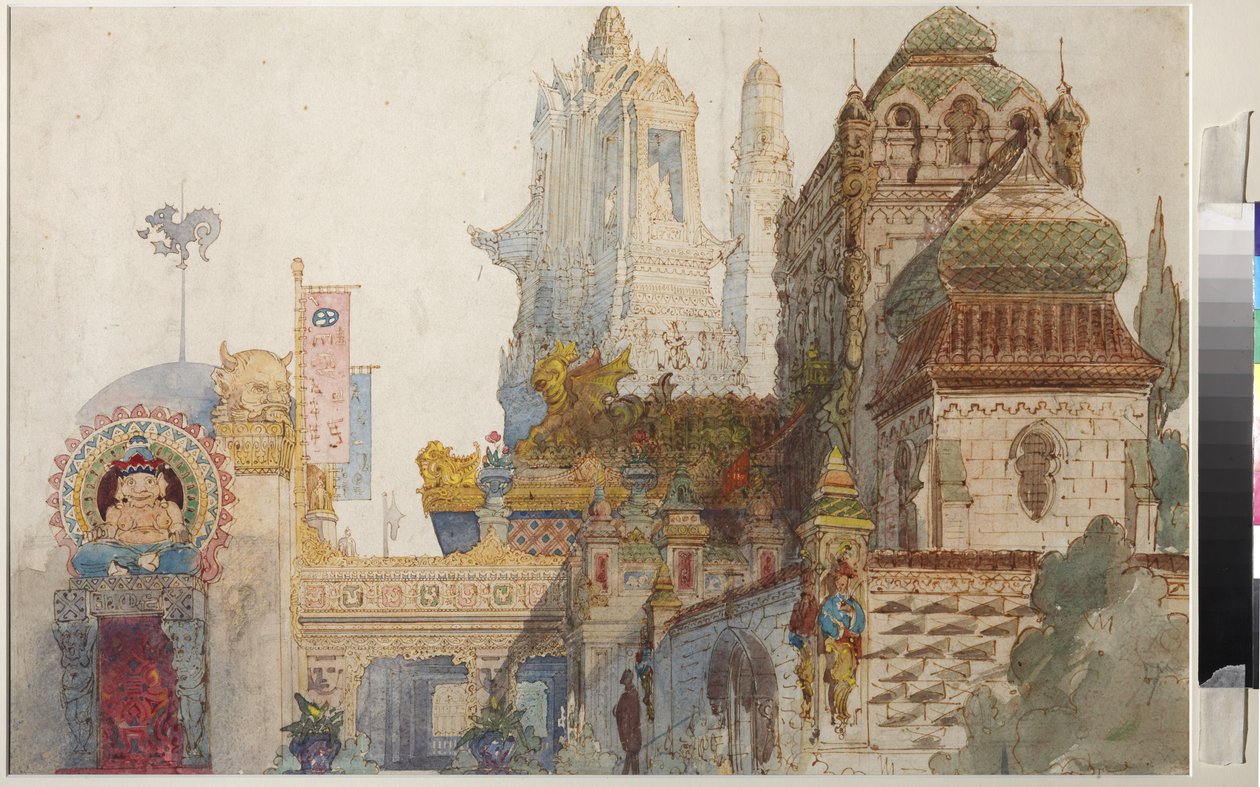 Stage Design para o Opera Ruslan e Lyudmila por Mikhail Glinka (wc e guache no papel) de Viktor Aleksandrovich Gartman