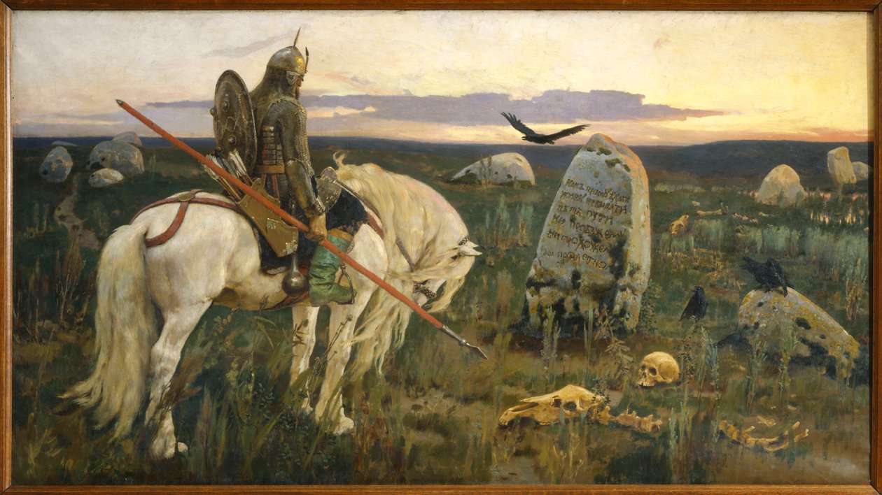 nEnglish: Vityaz no CrossroadsnFrancais: O Cavaleiro no Croisee des Cheminsn de Viktor Mikhaylovich Vasnetsov