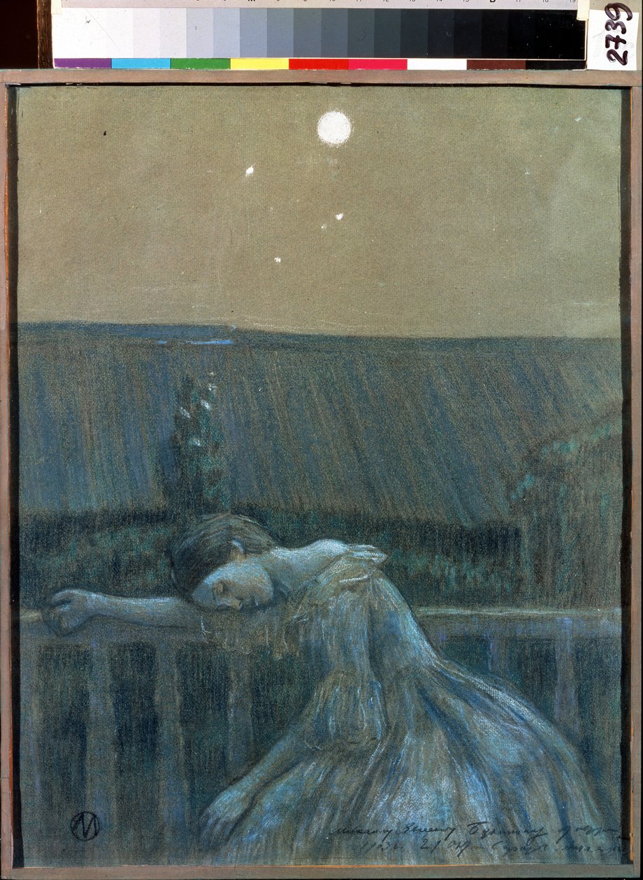 "Le chagrin" (Sorrow) Une jeune fille desesperee appuyee contre une balustrade. Aquarelle et pastel de Viktor (Victor) Elpidiforovich Borisov-Musatov (Borisov Musatov) (1870-1905) (symbolisme) 1903 Museu Estatal de História e Arte Serpukhov (Serpoukhov). de Viktor Elpidiforovich Borisov Musatov