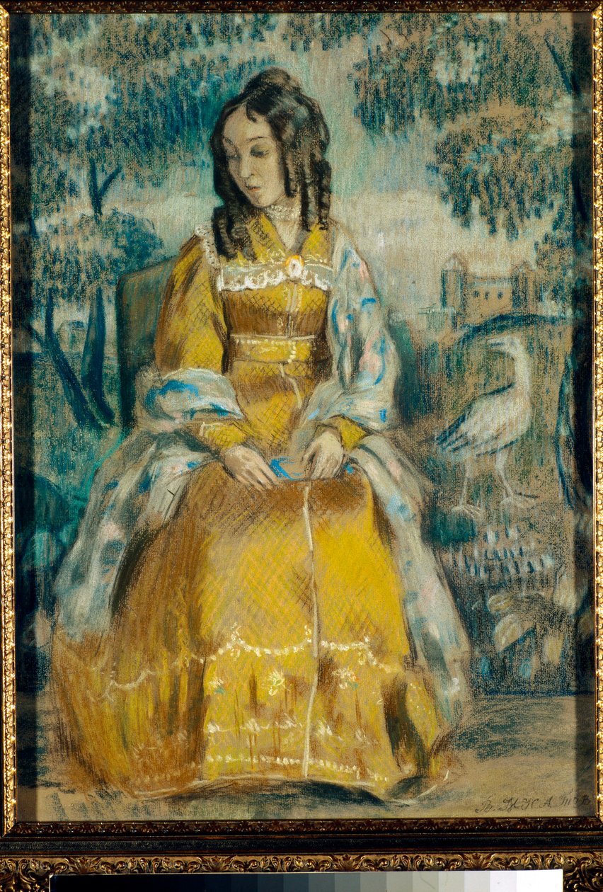Portrait de Nadezhda Stanyukovich devant une tapisserie, pensive, vetue d