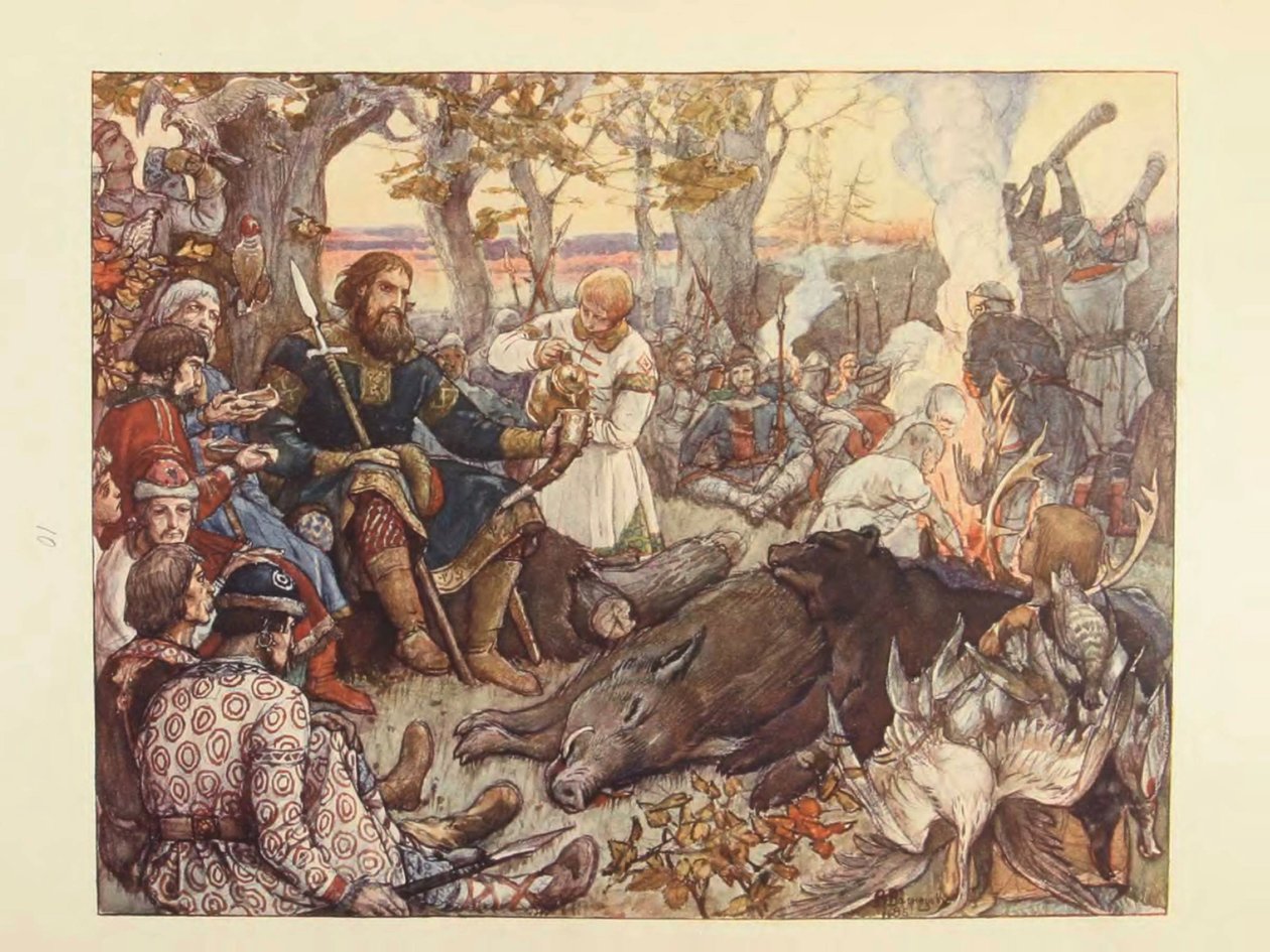 Resto do grande príncipe Vladimir II Monomakh na caça. A caça imperial na Rússia por N. Kutepov, de Viktor Mikhaylovich Vasnetsov