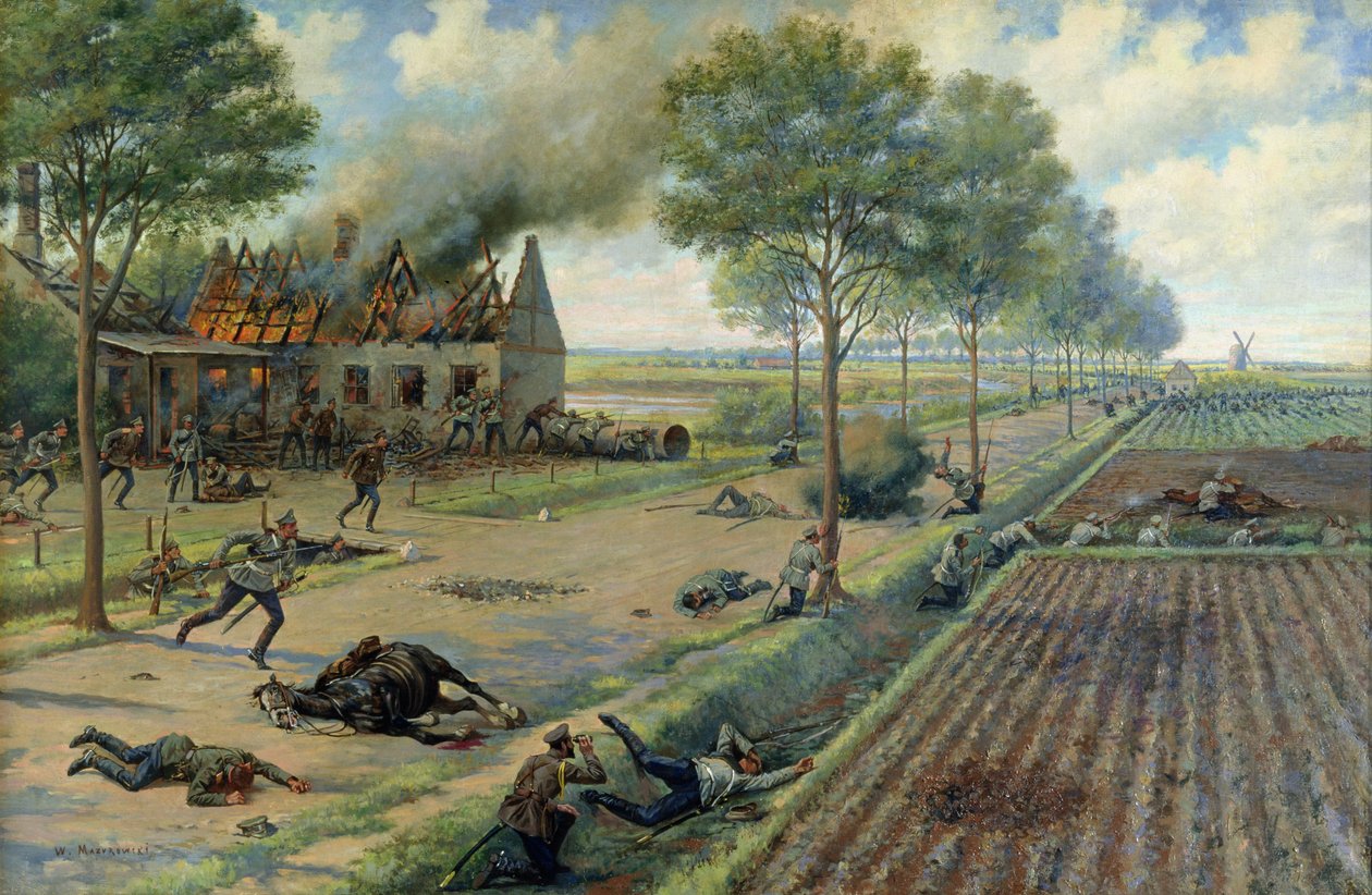 A Cavalaria Russa de Combate aos Alemães numa Aldeia em 1915, c.1915-16 (óleo sobre tela) de Viktor Viketyevich Masurovsky