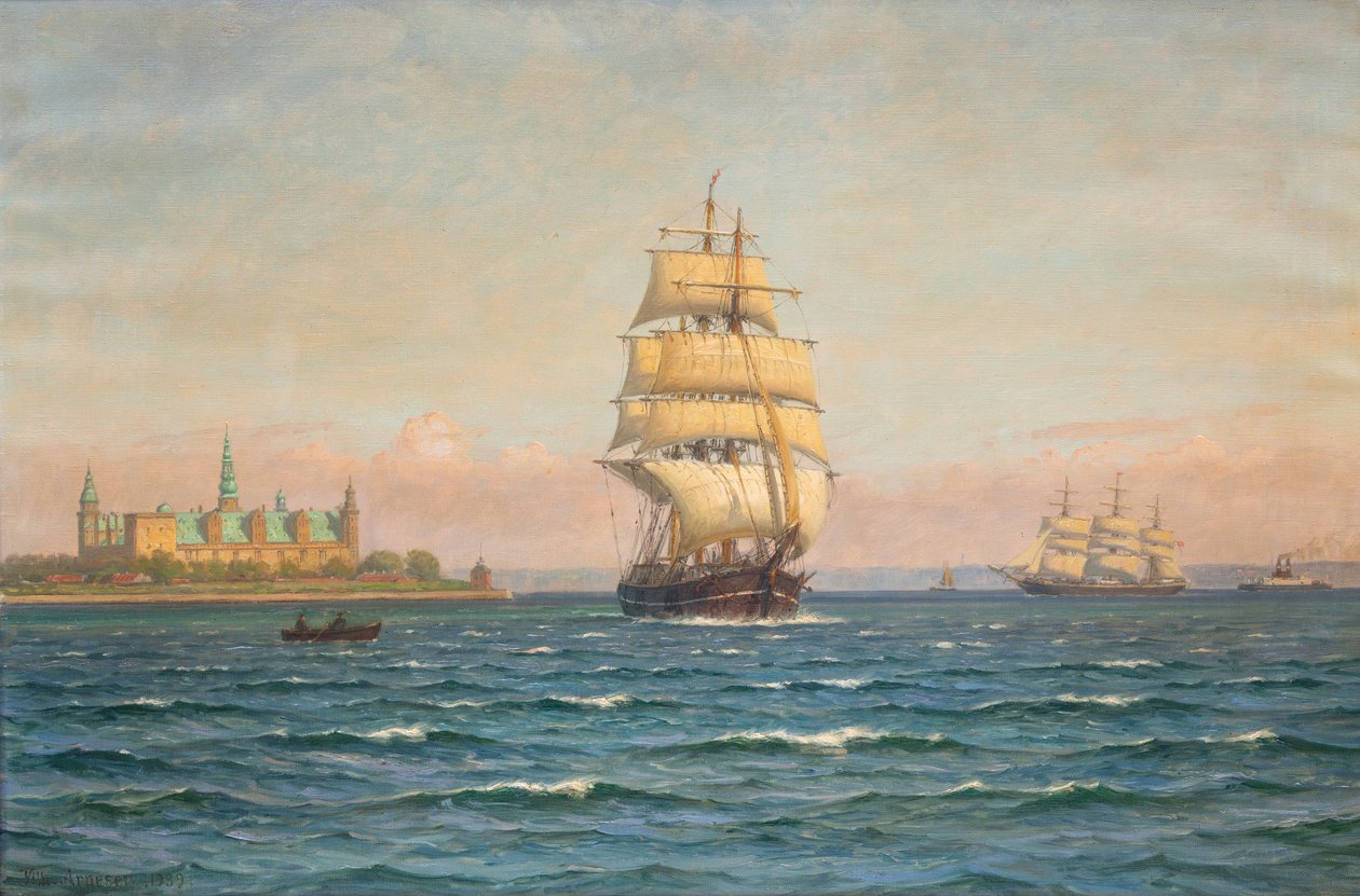 Navios à vela e um ferry ao largo de Kronborg. de Vilhelm Arnesen