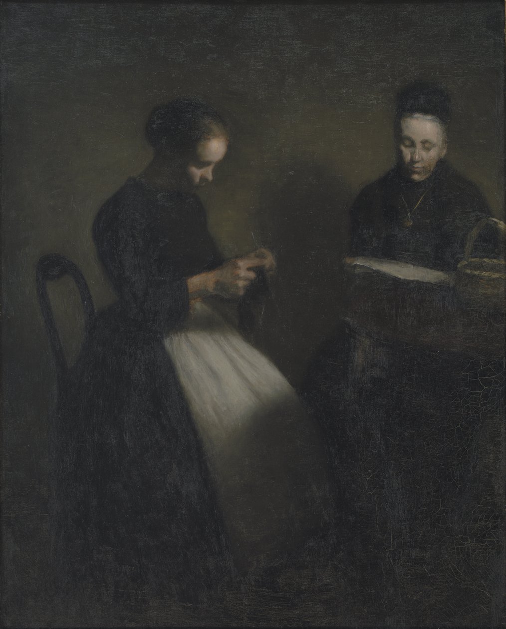 Noite na Sala de Desenho. A mãe e esposa do artista de Vilhelm Hammershøi