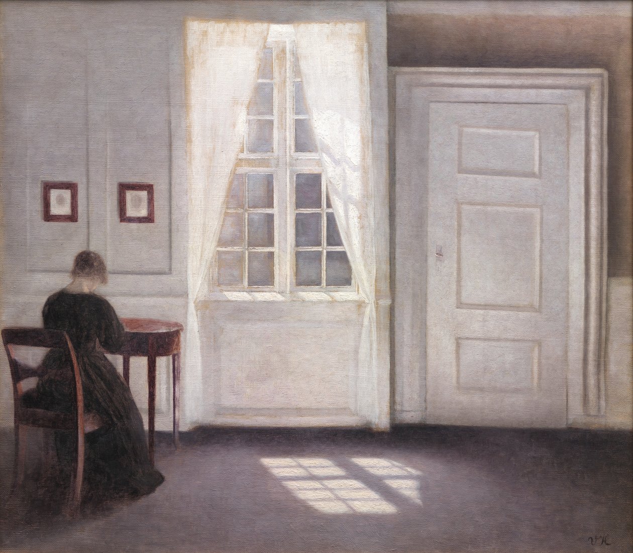 Interior em Strandgade, luz do sol no chão de Vilhelm Hammershøi