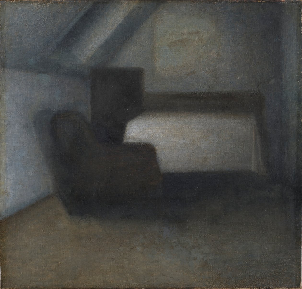 Quarto no sótão com uma mesa e uma cadeira de Vilhelm Hammershøi