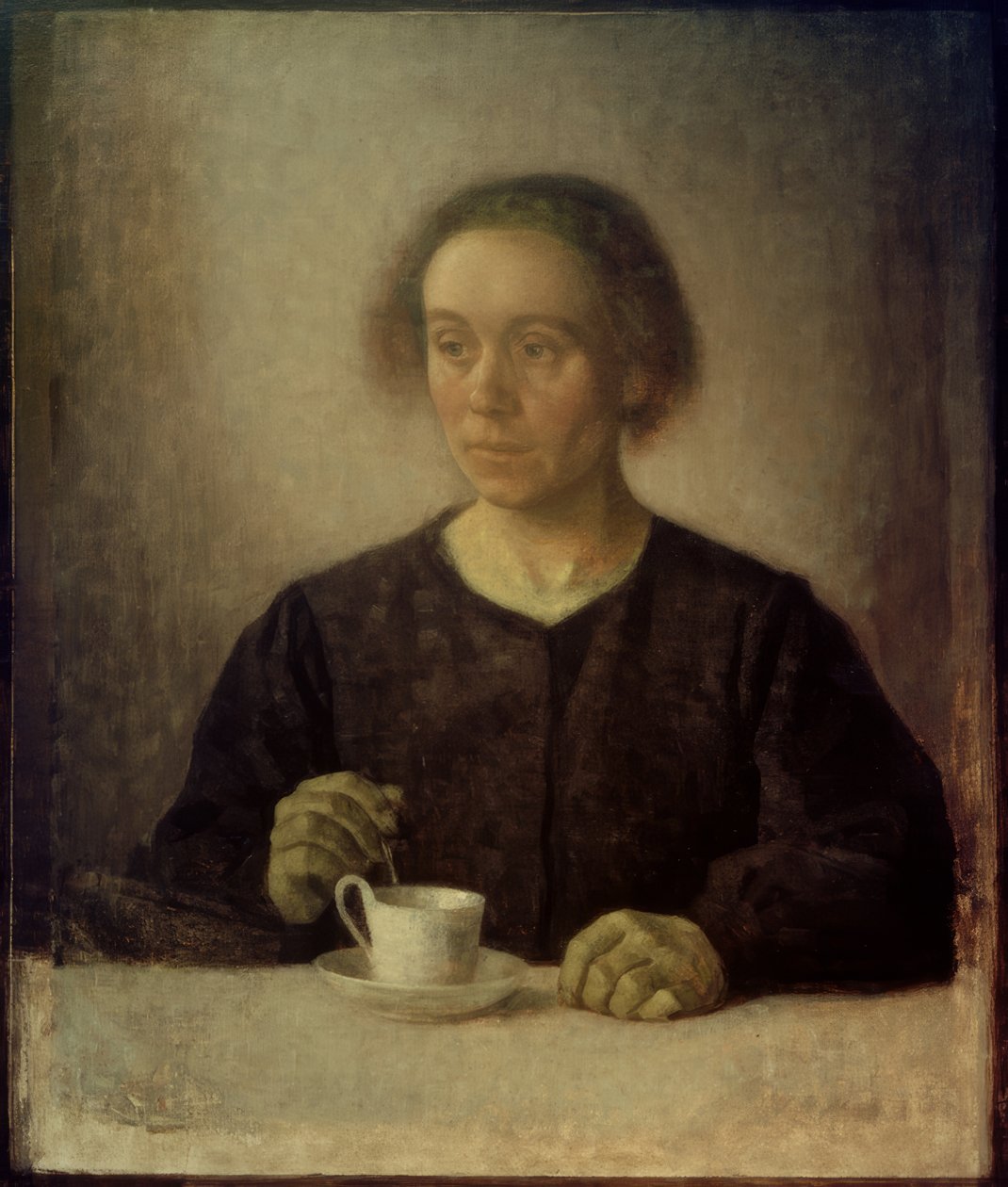 Frau d.Künstlers com xícara de chá de Vilhelm Hammershoi