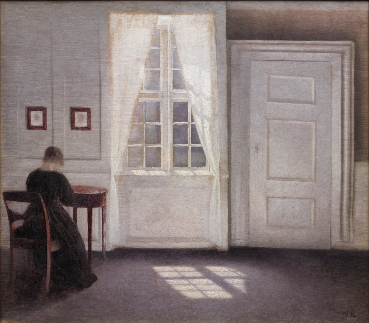 Interior em Strandgade, luz do sol no chão de Vilhelm Hammershøi