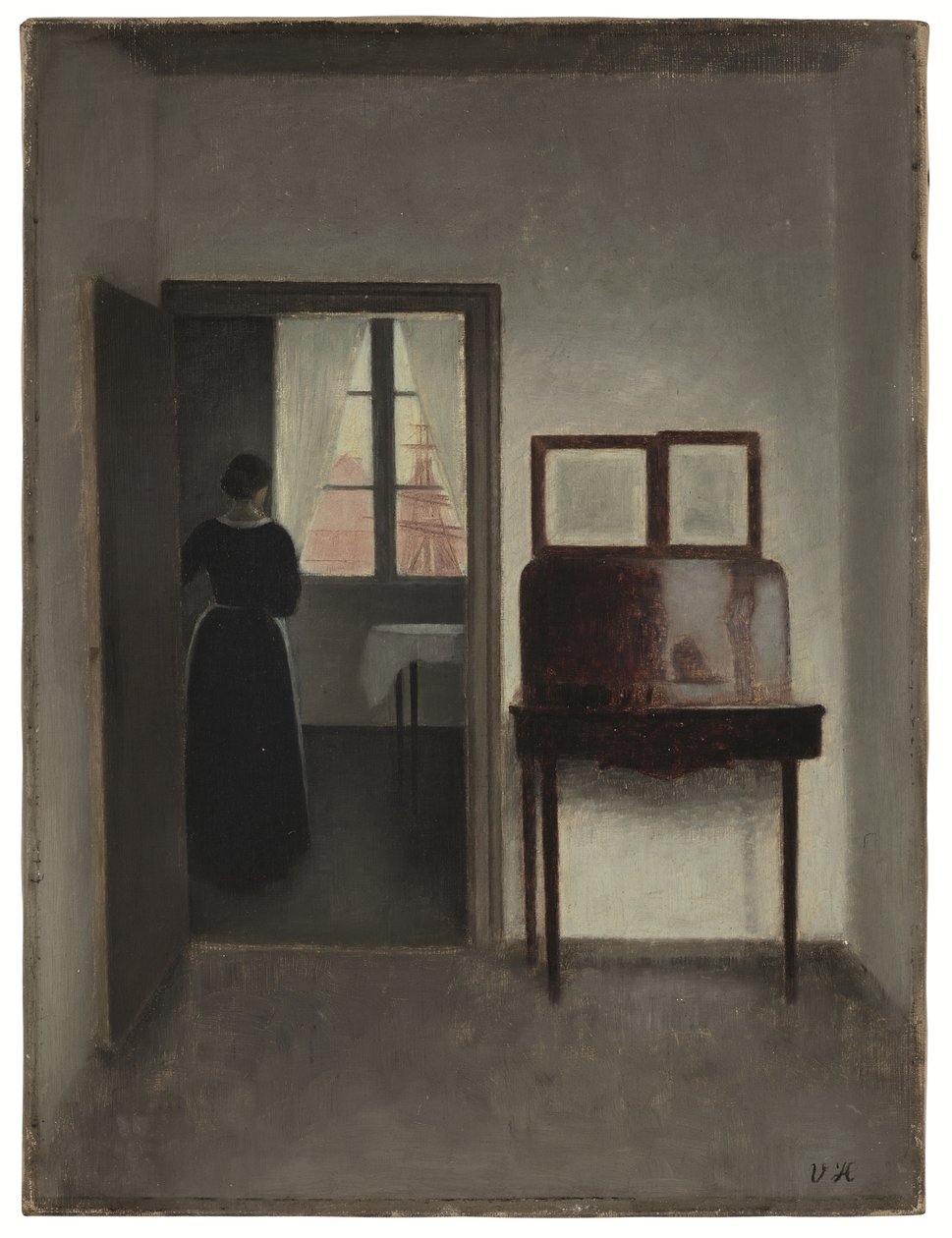 Interior com uma mulher (Stue med en kvinde), c. 1897 (óleo sobre tela) de Vilhelm Hammershoi