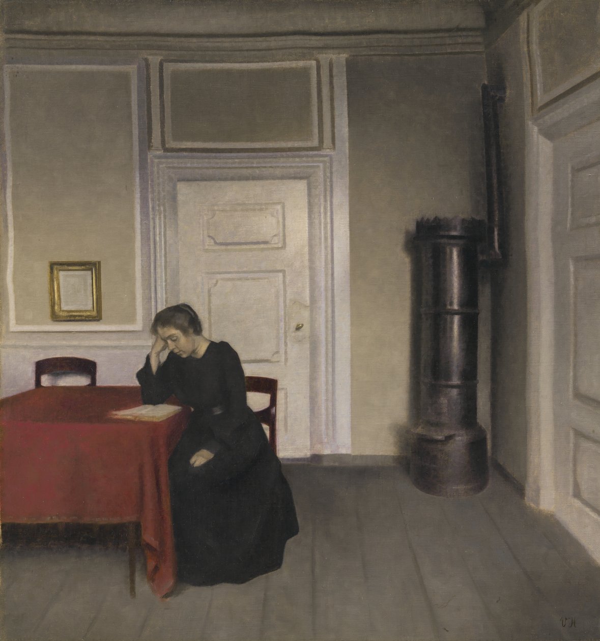 Interior com mulher a ler de Vilhelm Hammershoi