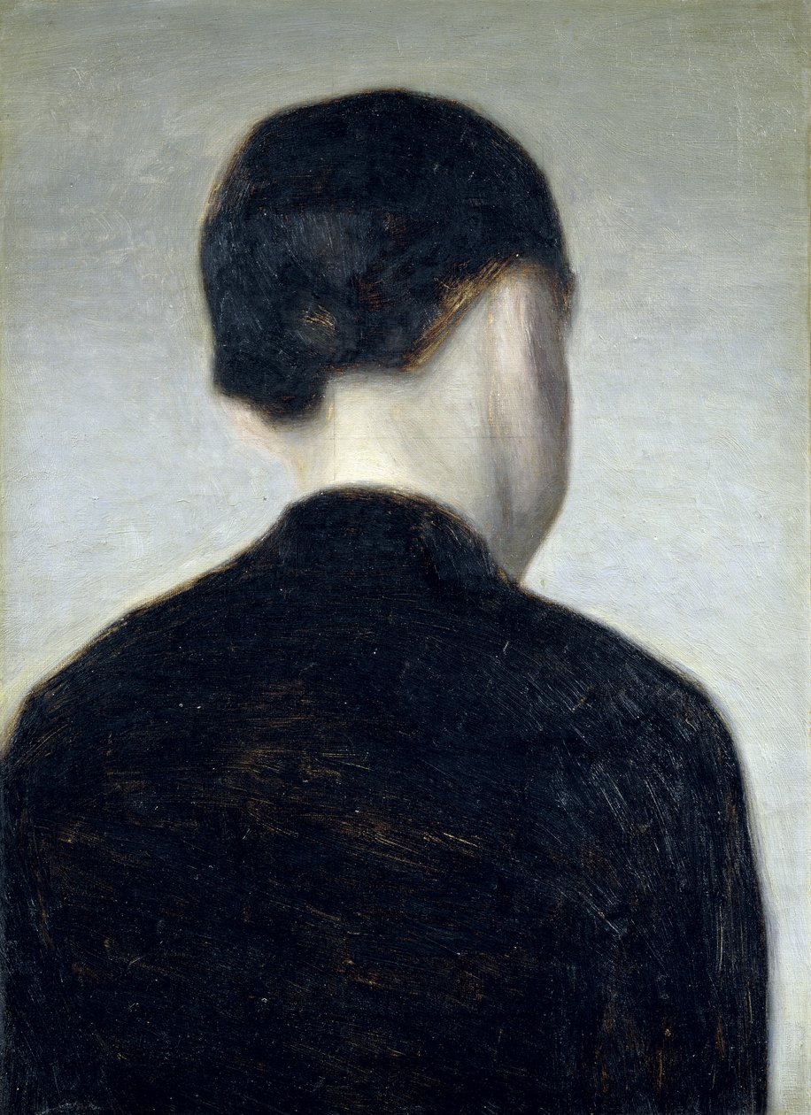 Figura sentada, vista de trás (Anna Hammershoi) 1884 (óleo sobre tela colocado a bordo) de Vilhelm Hammershoi
