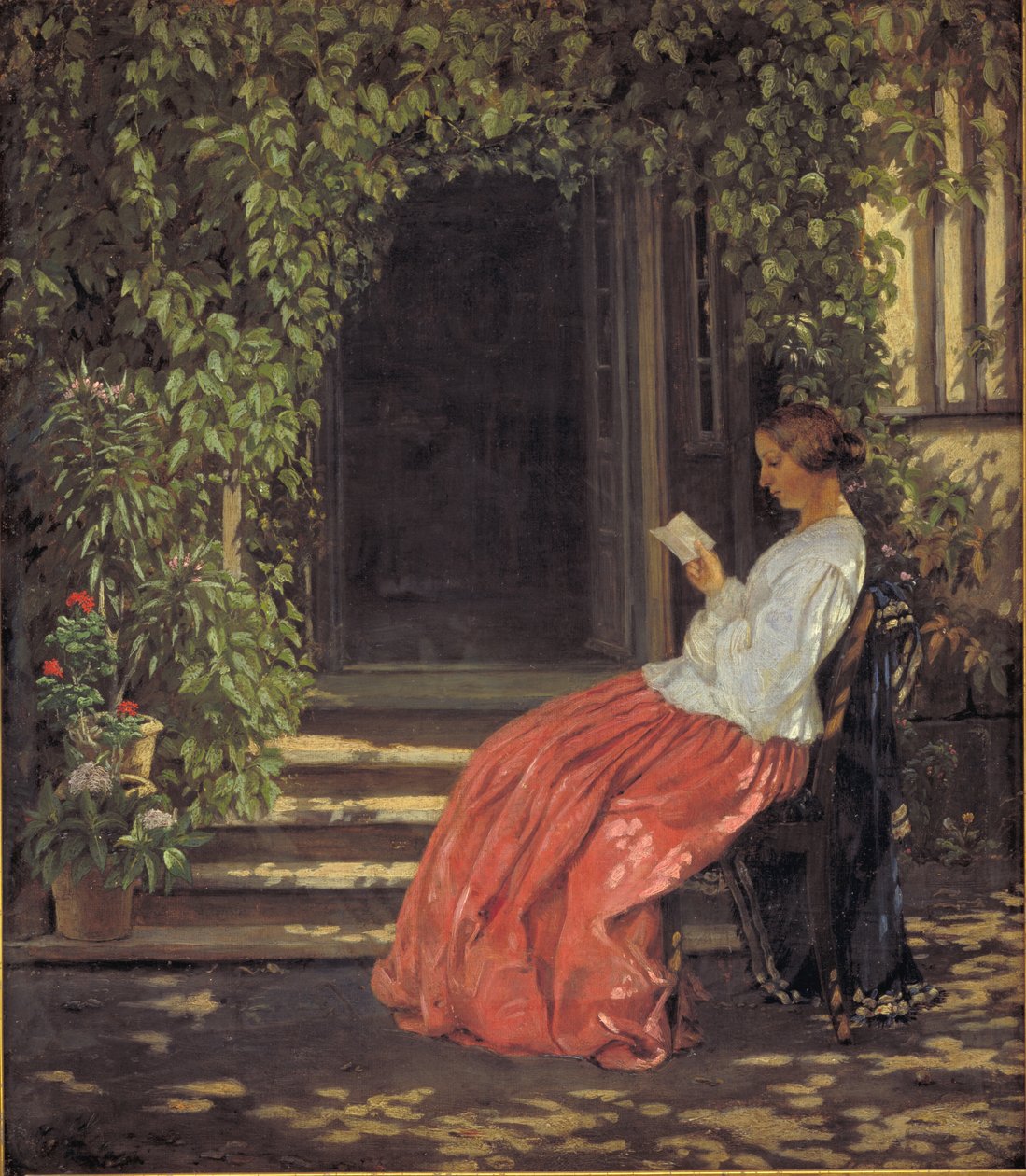 Senhora lendo do lado de fora de uma porta de jardim de Vilhelm Kyhn