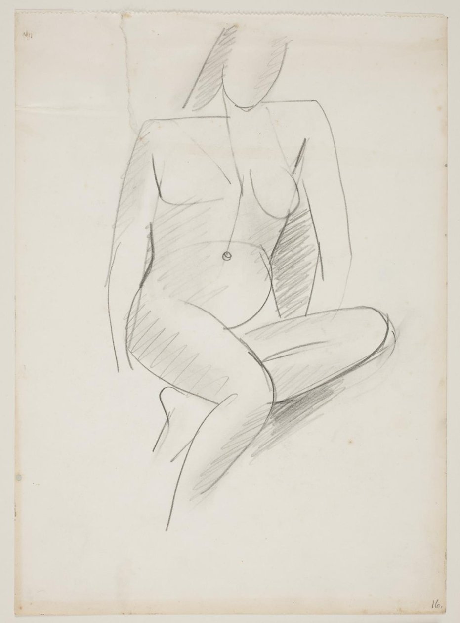 Mulher sentada, vista de frente ligeiramente para a direita, uma perna dobrada sob a outra de Vilhelm Lundstrøm