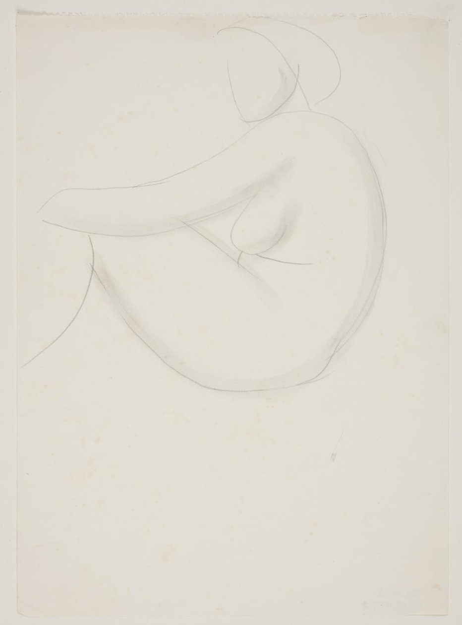 Modelo feminino sentado, visto de lado. Estúdio para mosaico na piscina Frederiksberg de Vilhelm Lundstrøm