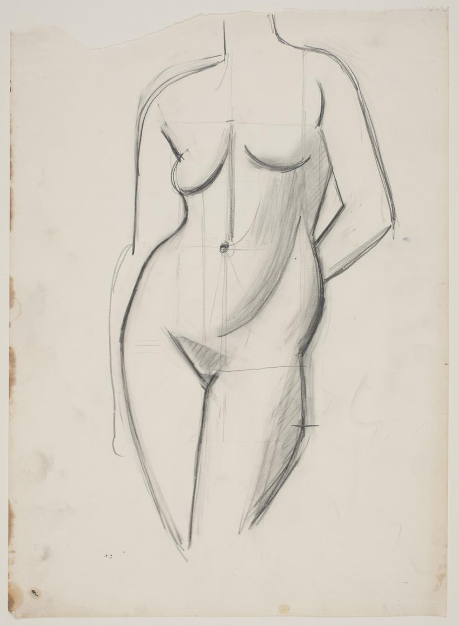 Modelo feminino em pé com a mão esquerda atrás da parte inferior das costas de Vilhelm Lundstrøm