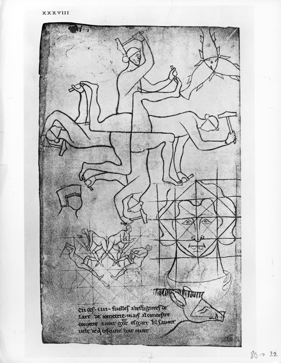 Cópia de fac-símile da Sr.ª F. 19093 fol.19v Estudos de homens e animais de Villard de Honnecourt
