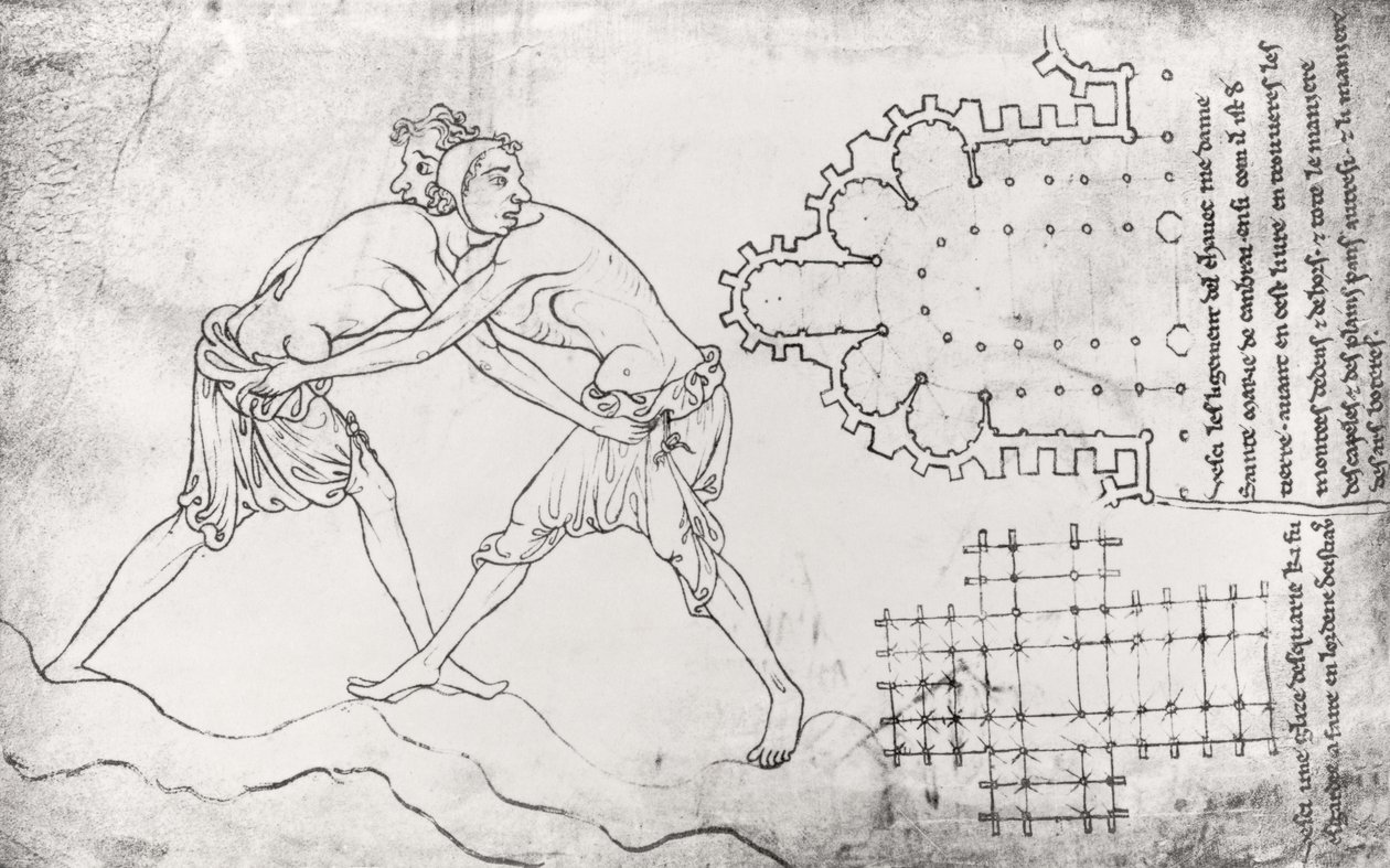 Ms.Fr.19093 fol.14v Dois lutadores, plano de uma igreja cisterciense e plano do coro de Notre-Dame de Cambrai (cópia fac-símile) de Villard de Honnecourt