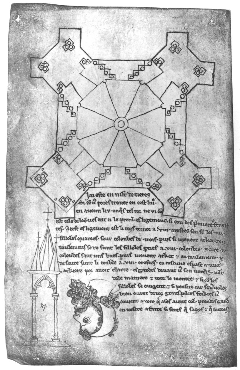 Ms 19093 fol.9v Cópia de fac-símile de um plano da torre da Catedral de Laon, a cabeça de um homem de barba e uma janela gótica de Villard de Honnecourt