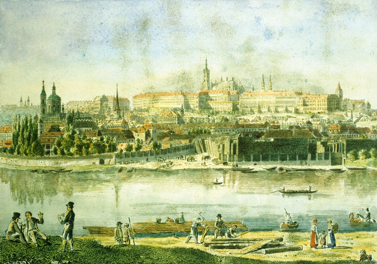 Castelo de Praga e uma parte do pequeno bairro, 1825 (gravura colorida) de Vincenc Morstadt