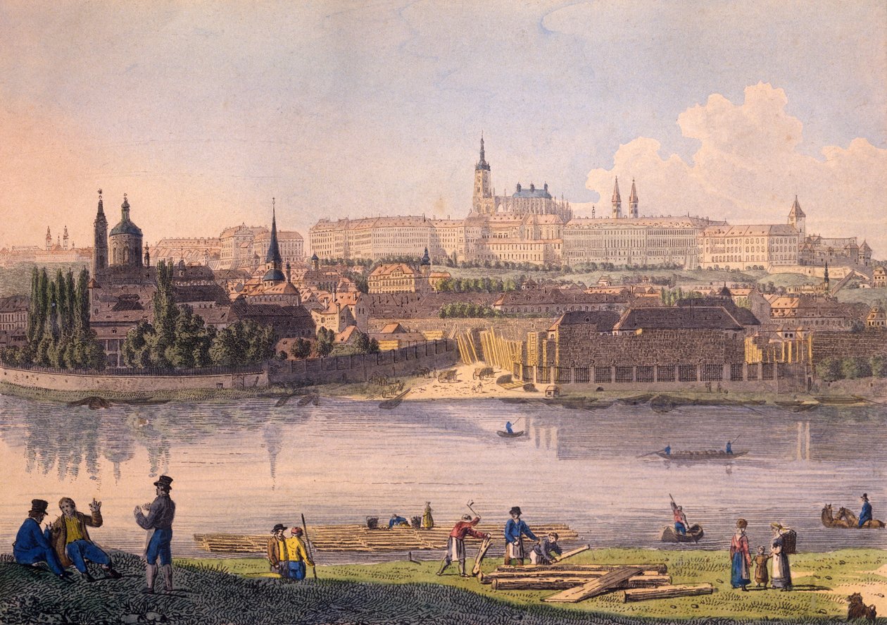 Castelo de Praga e uma parte do Little Quarter (gravura colorida) de Vincenc Morstadt