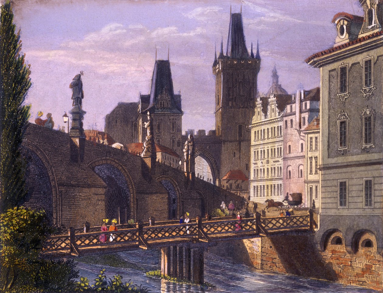 Little Quarter Bridge Towers, 1847 (gravura em aço colorido) de Vincenc Morstadt